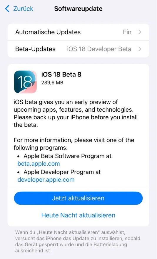 尧都苹果手机维修分享苹果 iOS / iPadOS 18 开发者预览版 Beta 8 发布 